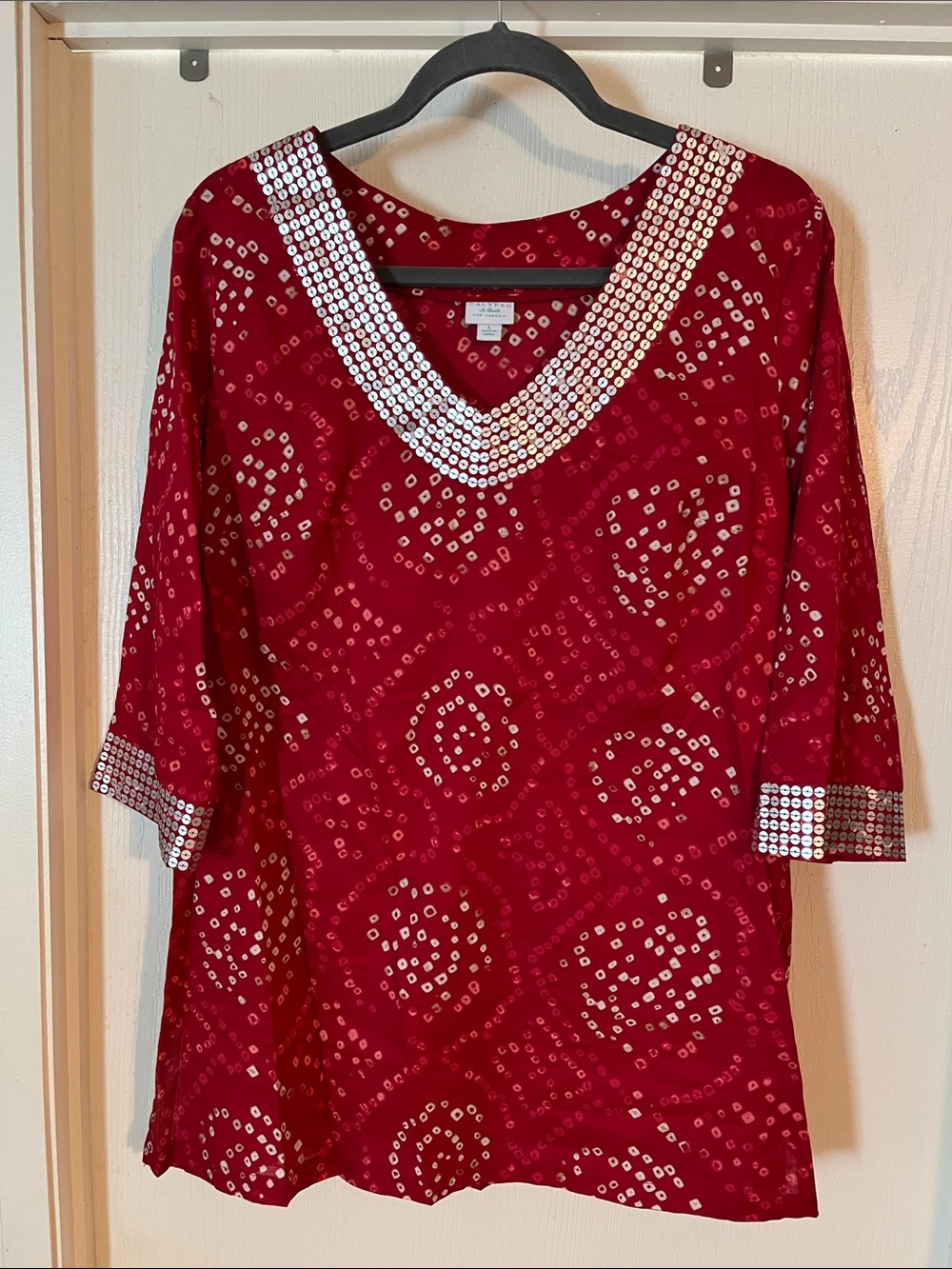 Calypso St. Barth Sequin-Trim Red V-Neck Tunic Top Large